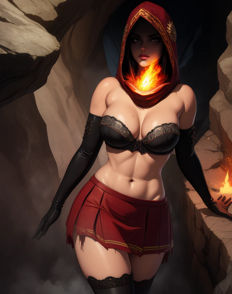Dsorceress,shadowy face,dark cave,fire, hood,shadowed face,strapless bra,miniskirt,elbow gloves, dark skin, 1 girl (insanely detailed, masterpiece, best quality),