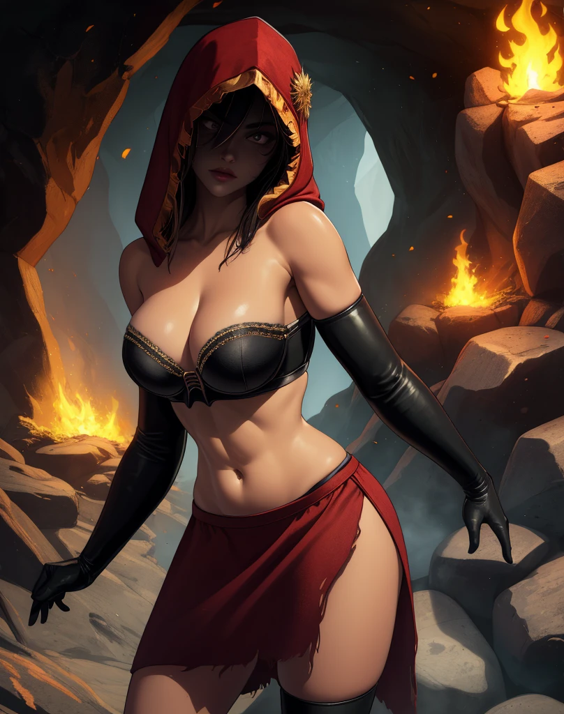 Dsorceress,shadowy face,dark cave,fire, hood,shadowed face,strapless bra,miniskirt,elbow gloves, dark skin, 1 girl (insanely detailed, masterpiece, best quality),