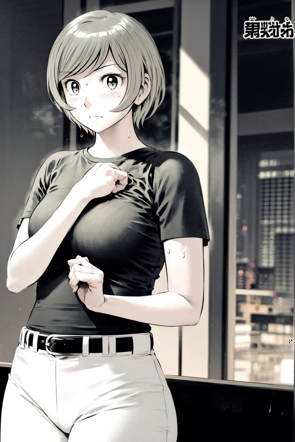 、(masterpiece、Highest quality)、Highest quality, Ultra-high resolution, (((masterpiece))), alone, Sweat、Big eyes,Tight black shirt、Tight white pants、belt、indoor、Composition from the front、(Cut the back hair short、short hair、blonde、woman)、Shortcuts、Embarrassed face、Cut your hair short、可愛いwomanの子、Big Breasts、office