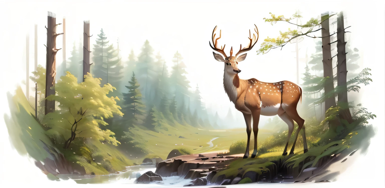 The painting shows a deer standing in a forest among trees and bushes, Wildlife illustrations, 官方concept art, Digital painting highly detailed, High quality digital painting, concept art, wildlife paintings, The nature of reality, Official artwork with high detail, 喷枪concept art, 以游戏concept art形式进行绘制, concept art, Highly detailed digital painting, concept, Background artwork