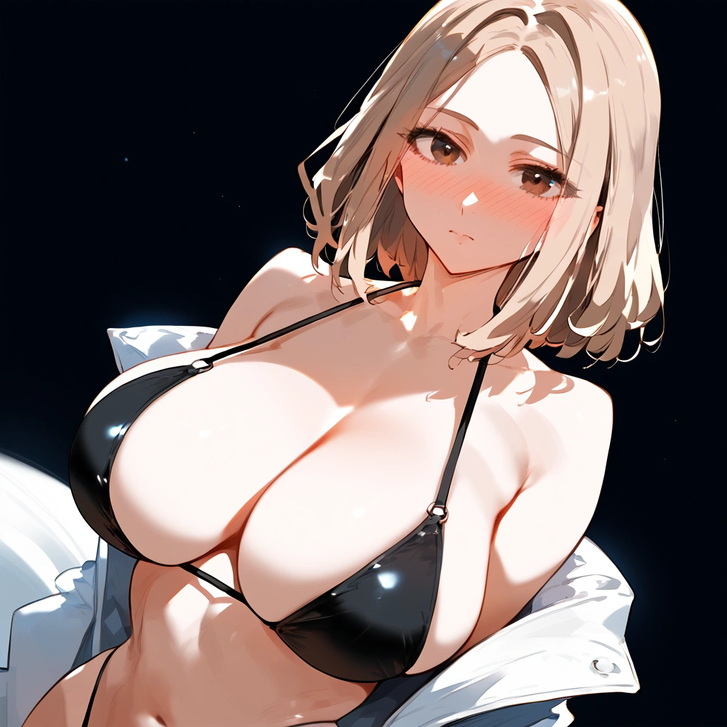 anime artwork, score_9, score_8_up, score_7_up, score_6_up, score_5_up, score_4_up, r,Camie Utsushimi, light brown hair, dark brown eyes,, , , big bre she is 24 years old, , ,horny, , , , style, black background, blush, nose blush, black bikini, highleg bikini, dutch angle, solo, eyepatched bikini