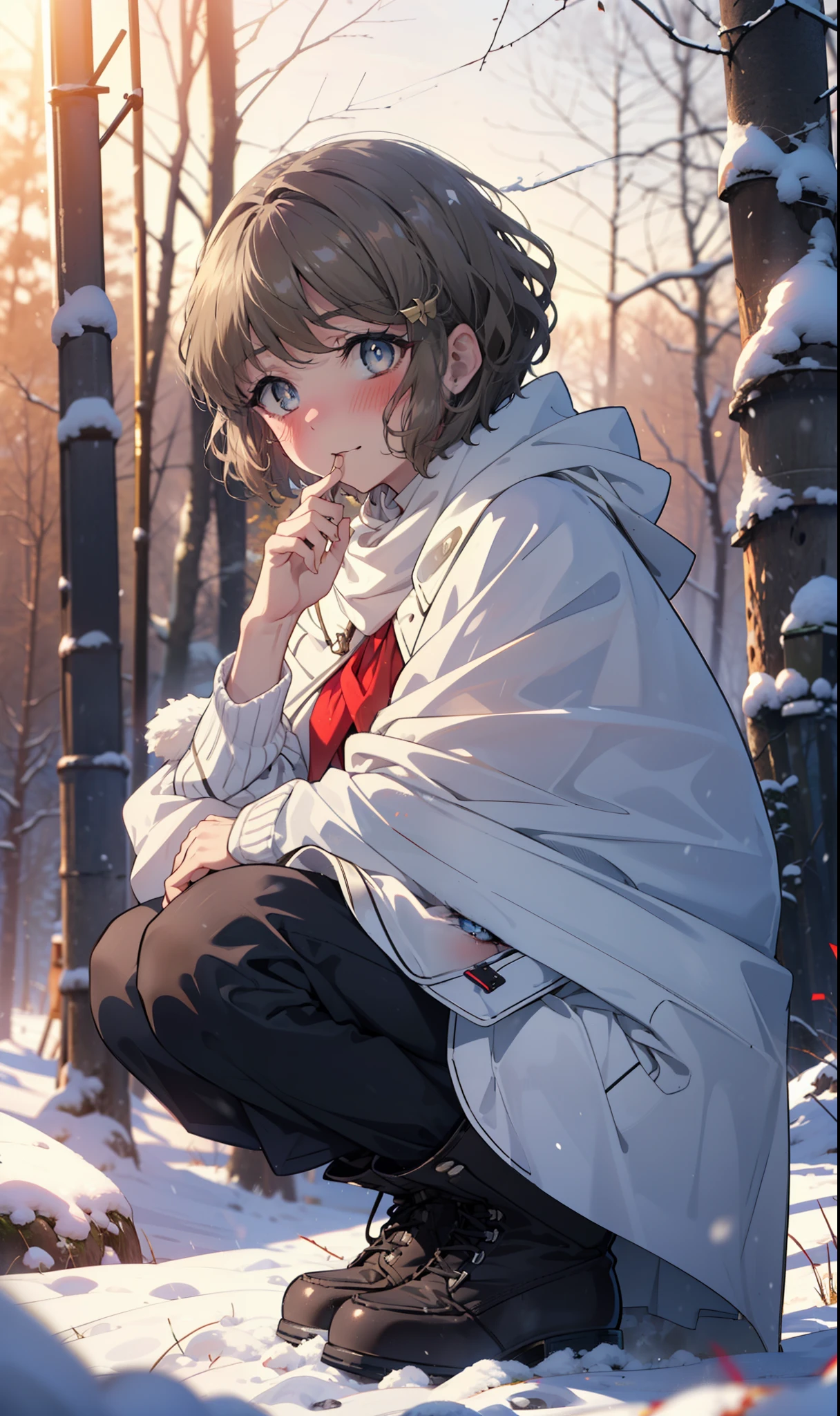 tomoekoga, Chie Koga, short hair, Brown Hair, blue eyes, hair band,smile,blush,White Breath,Medium Chest,
Open your mouth,snow,Ground bonfire, Outdoor, boots, snowing, From the side, wood, suitcase, Cape, Blurred, having meal, forest, White handbag, nature, Squat, Mouth closed, Cape, winter, Written boundary depth, Black shoes, red Cape break looking at viewer, Upper Body, whole body, break Outdoor, forest, nature, break (masterpiece:1.2), Highest quality, High resolution, unity 8k wallpaper, (shape:0.8), (Beautiful and beautiful eyes:1.6), Highly detailed face, Perfect lighting, Highly detailed CG, (Perfect hands, Perfect Anatomy),