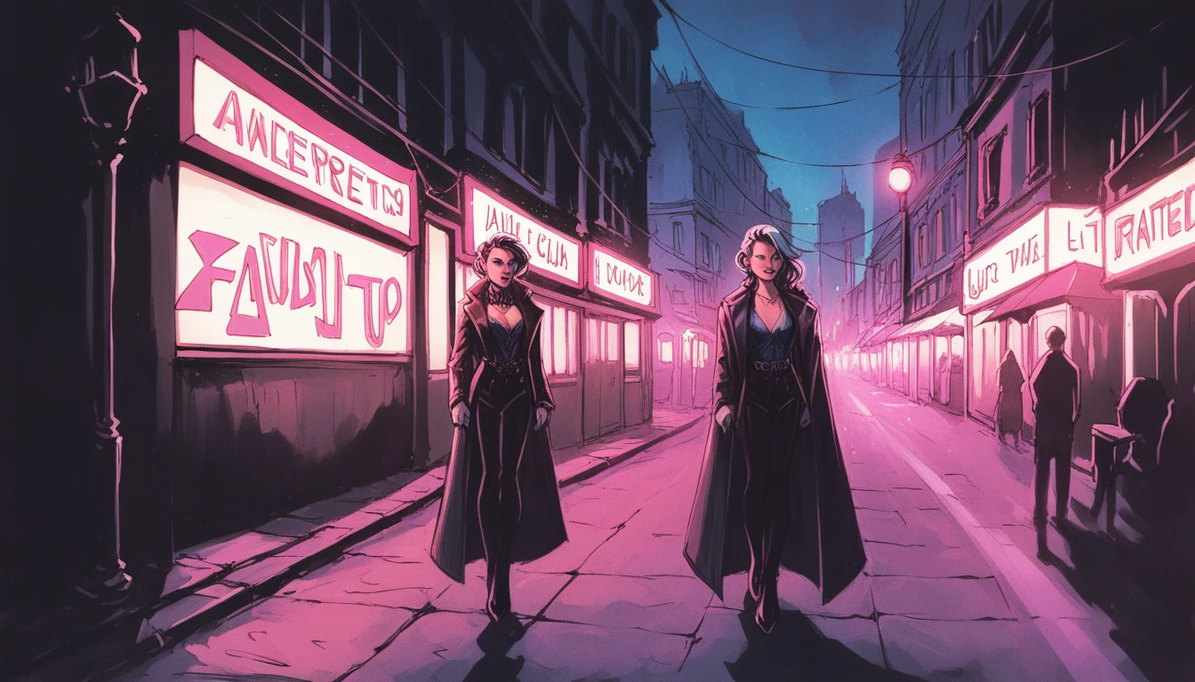 score_9, score_8_up, score_7_up, a picturesque long shot of a street, blurry background, neon colors, vintage artstyle, hard lighting, dark composition, contrasting color pallette
