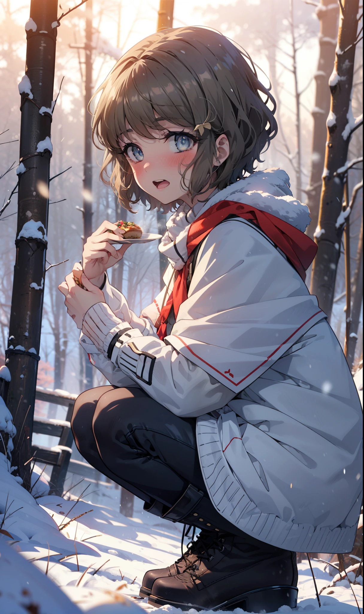 tomoekoga, Chie Koga, short hair, Brown Hair, blue eyes, hair band,smile,blush,White Breath,Medium Chest,
Open your mouth,snow,Ground bonfire, Outdoor, boots, snowing, From the side, wood, suitcase, Cape, Blurred, having meal, forest, White handbag, nature,  Squat, Mouth closed, Cape, winter, Written boundary depth, Black shoes, red Cape break looking at viewer, Upper Body, whole body, break Outdoor, forest, nature, break (masterpiece:1.2), Highest quality, High resolution, unity 8k wallpaper, (shape:0.8), (Beautiful and beautiful eyes:1.6), Highly detailed face, Perfect lighting, Highly detailed CG, (Perfect hands, Perfect Anatomy),