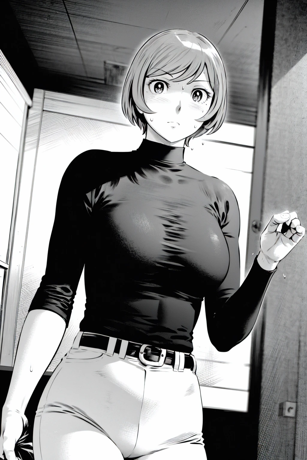 、(masterpiece、Highest quality)、Highest quality, Ultra-high resolution, (((masterpiece))), alone, Sweat、Big eyes,Tight black shirt、Tight white pants、belt、indoor、Composition from the front、(Cut the back hair short、short hair、blonde、woman)、Shortcuts、Embarrassed face、Cut your hair short、可愛いwomanの子、Big Breasts、office