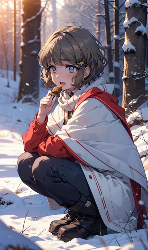 tomoekoga, Chie Koga, short hair, Brown Hair, blue eyes, hair band,smile,blush,White Breath,Medium Chest,
Open your mouth,snow,Ground bonfire, Outdoor, boots, snowing, From the side, wood, suitcase, Cape, Blurred, having meal, forest, White handbag, nature, Squat, Mouth closed, Cape, winter, Written boundary depth, Black shoes, red Cape break looking at viewer, Upper Body, whole body, break Outdoor, forest, nature, break (masterpiece:1.2), Highest quality, High resolution, unity 8k wallpaper, (shape:0.8), (Beautiful and beautiful eyes:1.6), Highly detailed face, Perfect lighting, Highly detailed CG, (Perfect hands, Perfect Anatomy),
