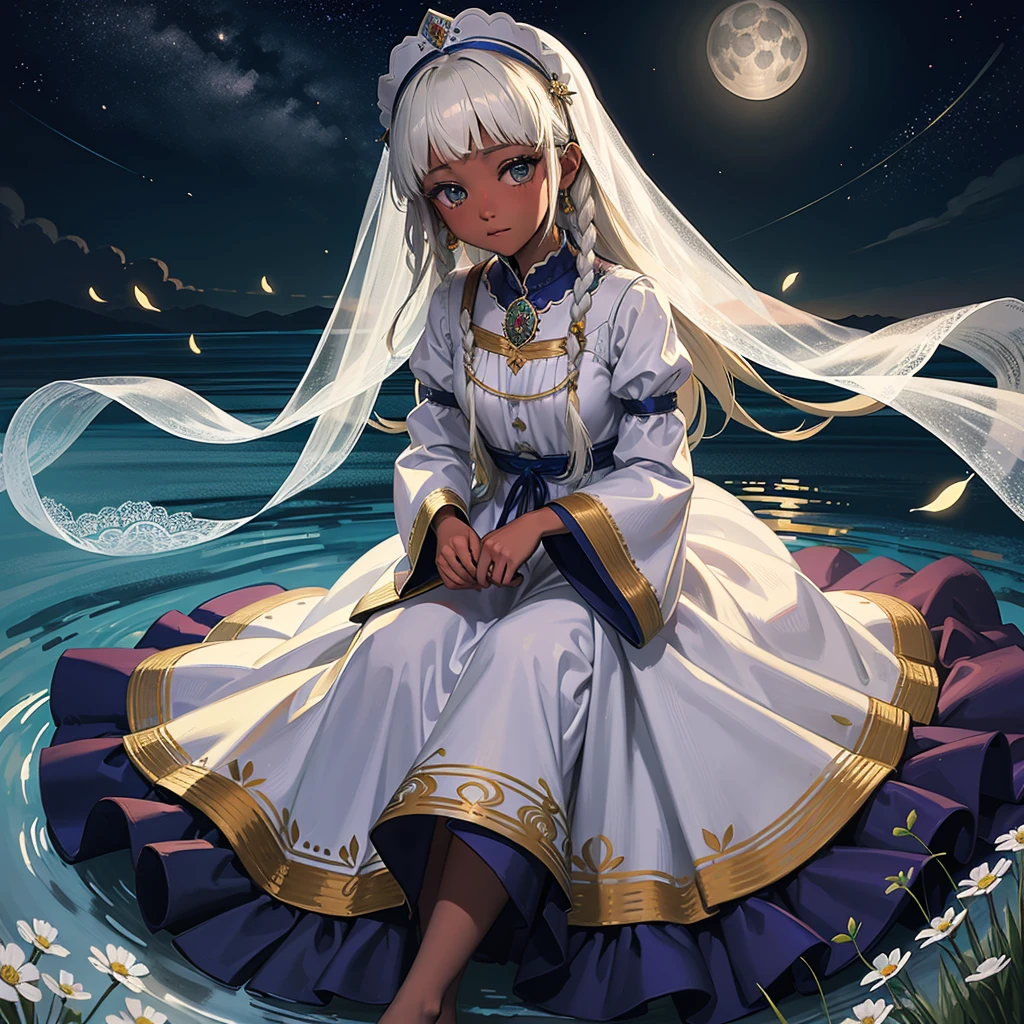 最high quality、high quality、10 years old、Brightly embroidered folk costumes from Central Asia and the Caspian Sea region、Bride Girl、Moonlight meadow、moonlight、Long dress
