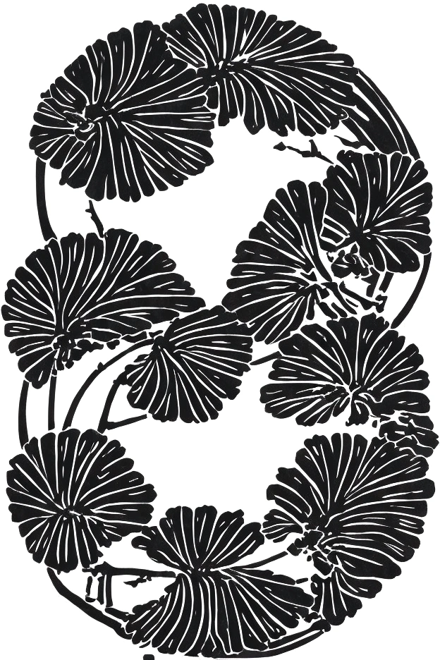 create a Japanese seal kamon,an indigo-green circle with a leaf pattern in the middle showing 3 gingko leaves growing towards each other with Japanese finger waves reaching into the gaps, inspired by Masamitsu Ōta, inspired by Katsushika Ōi, intricate art deco leaf designs, inspired by Shūbun Tenshō, inspiriert von Ogata Kōrin, inspired by Ogata Gekkō, inspired by Sakai Hōitsu