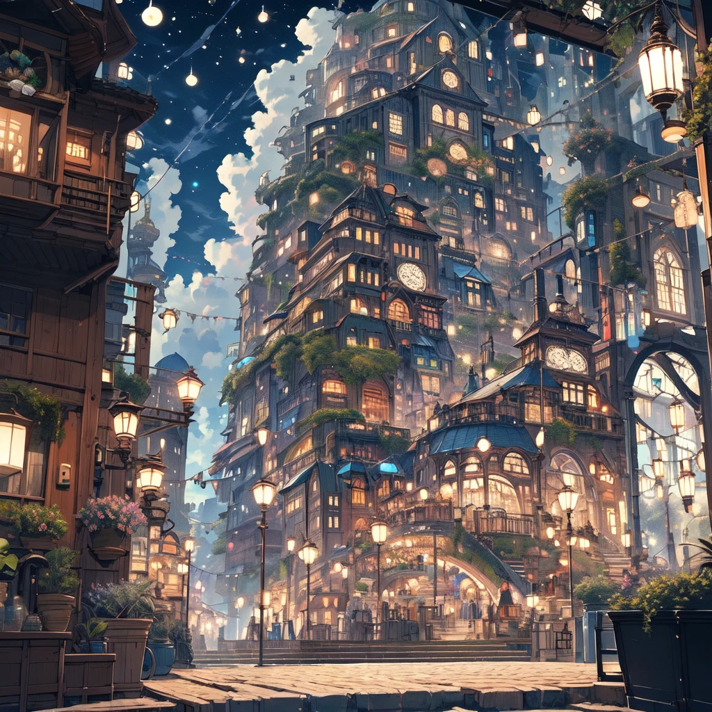 (masterpiece:1.2), Highest quality,Pixiv,night景,
scenery, null, Fantasy, cloud, Outdoor, building, city, night, lamp post, handrail, window,  lanthanum, arch, cityscape, stage, flower
 