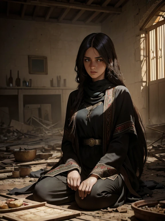 (Masterpiece, best quality, best detail, photorealistic, award winning photography :1.5), Palestina girl with long straight hair sitting on the ground, (((women at war in Palestine))), sad face, sadness, tears, destroyed village, collapsed wooden hut, burn marks, bloody blood, war crime destruction, (((Palestine 🇵🇸))). background shows the destruction, buildings collapsed, rubble, fire and smoke, provide intricate details in the image. Dramatic lighting, dramatic image, Greg Rutkowski, 🇵🇸🇵🇸🇵🇸