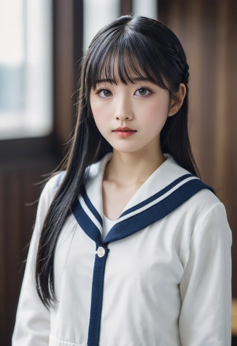 Portrait of a young East Asian girl wearing a navy blue and white sailor suit . She has long black hair,Two braids, Straight bangs on the forehead. This girl is huge, Dark eyes and small, Delicate nose. Her expression is neutral., Look directly into the camera. The background is a dark blue wooden wall,Some green ivy or vine leaves visible on the side. Soft and natural lighting, Create a slightly melancholic atmosphere. High resolution image model shampoo mixture with face clearly focused