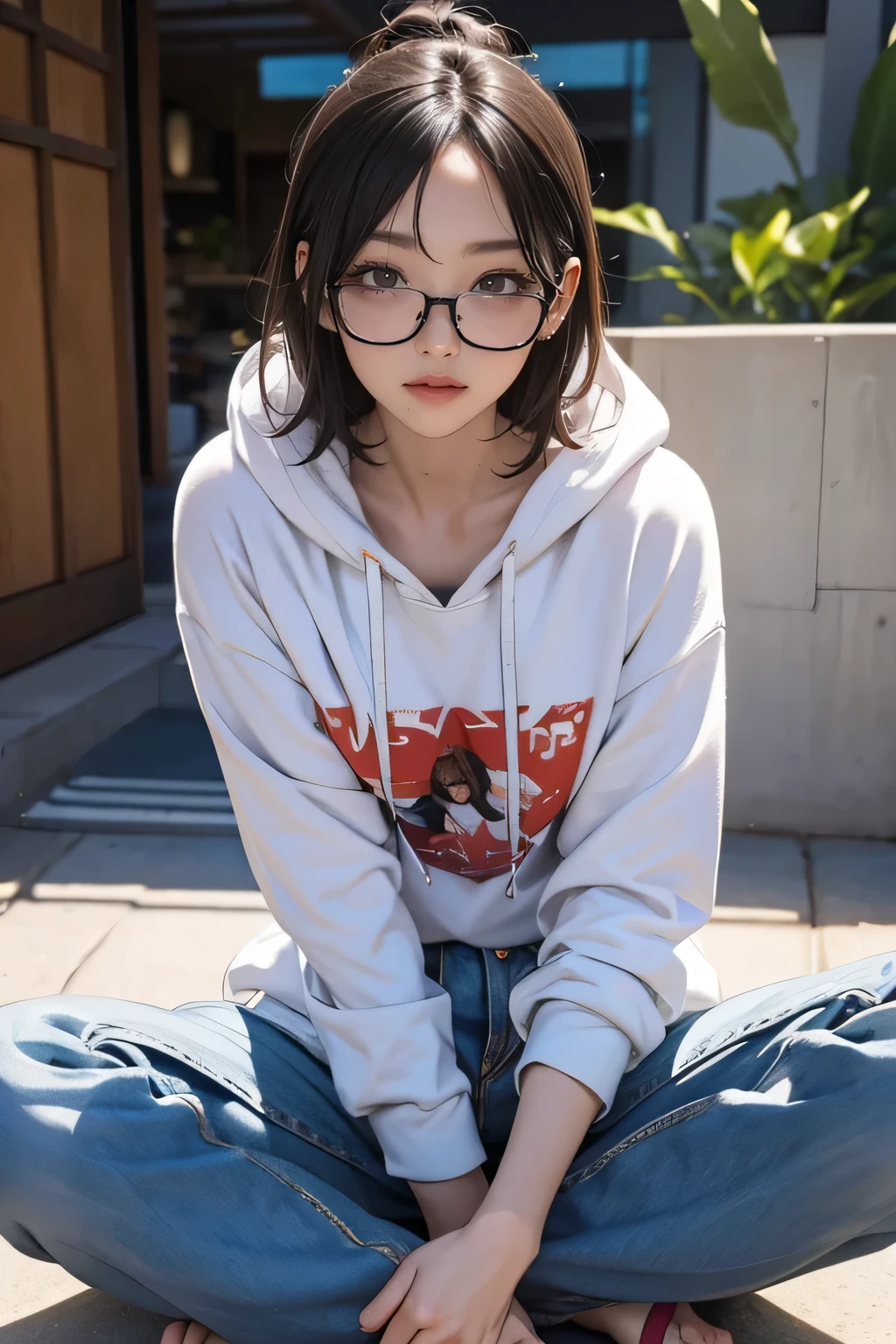 There is a woman sitting cross-legged on the floor...., Wearing glasses, Wearing glasses on, Japanese Model, Wearing glassesいた, a surreal , Wearing square glasses, Without glasses, A real young gravure idol, Geeky look, Wearing glassesいる, Young and sexy gravure idol, surreal , Yoshitomo Nara, White hoodie, Read comics,Denim pants, I like manga,Mole under the left eye,Cute Freckles,barefoot,Facing forward,Watching the audience,