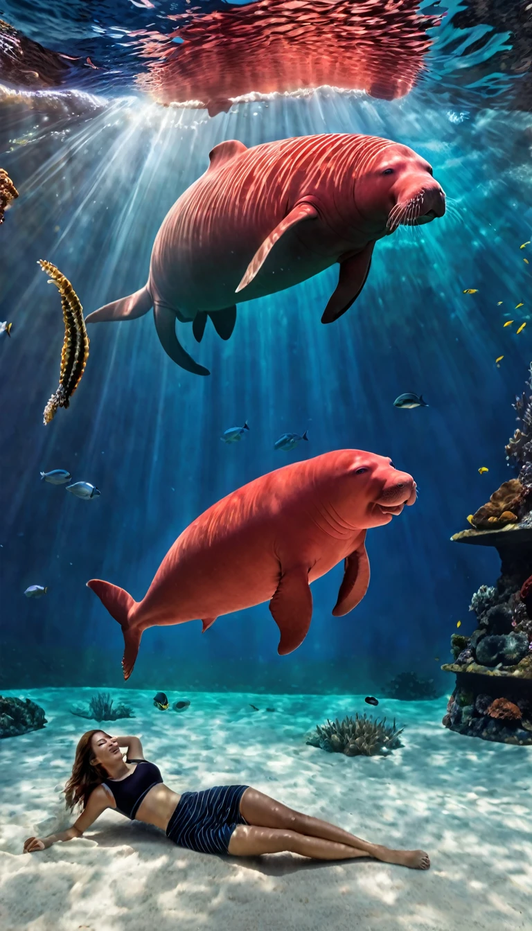 Panorama,Red dugong with human face under water(best quality,4K,8K,High level,masterpiece:1.2),Ultra Detailed,(lifelike,Photo real,Photo real:1.37),Highly detailed animals,Complex patterns,Realistic lighting,Fantasy Creatures