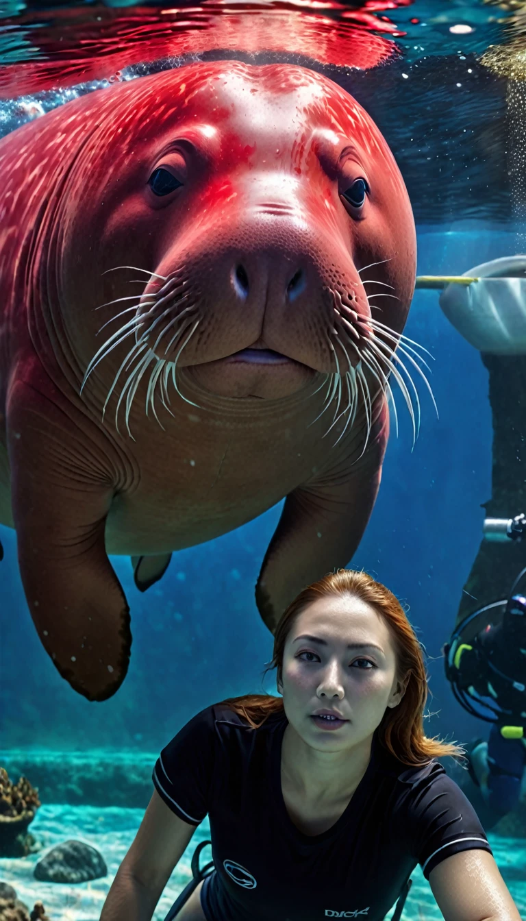 Panorama,Red dugong with human face under water(best quality,4K,8K,High level,masterpiece:1.2),Ultra Detailed,(lifelike,Photo real,Photo real:1.37),Highly detailed animals,Complex patterns,Realistic lighting,Fantasy Creatures