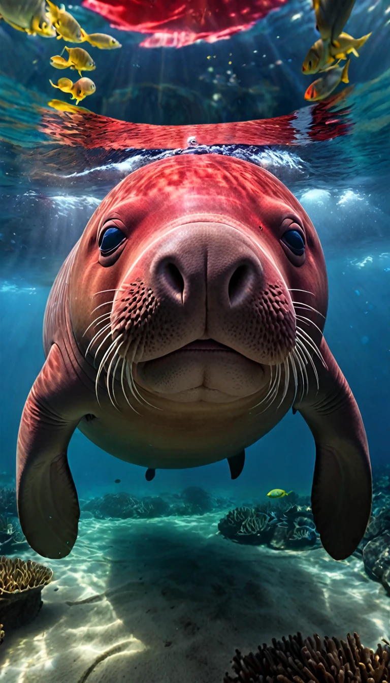 Panorama，Red dugong with human face under water（best quality，4K，8K，High level，masterpiece：1.2），Ultra Detailed，（lifelike，Photo real，Photo real：1.37），Highly detailed animals，Complex patterns，Realistic lighting，Fantasy Creatures