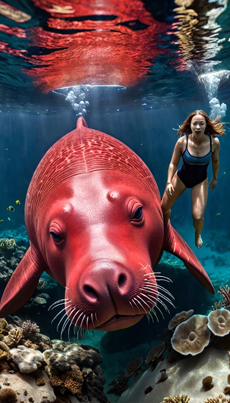 Panorama，Red dugong with human face under water（best quality，4K，8K，High level，masterpiece：1.2），Ultra Detailed，（lifelike，Photo real，Photo real：1.37），Highly detailed animals，Complex patterns，Realistic lighting，Fantasy Creatures