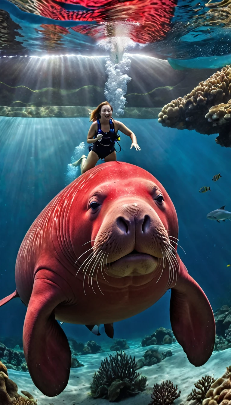 Panorama,Red dugong with human face under water(best quality,4K,8K,High level,masterpiece:1.2),Ultra Detailed,(lifelike,Photo real,Photo real:1.37),Highly detailed animals,Complex patterns,Realistic lighting,Fantasy Creatures