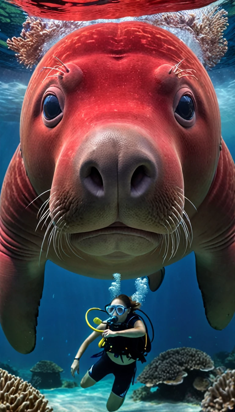 Panorama，Red dugong with human face under water（best quality，4K，8K，High level，masterpiece：1.2），Ultra Detailed，（lifelike，Photo real，Photo real：1.37），Highly detailed animals，Complex patterns，Realistic lighting，Fantasy Creatures