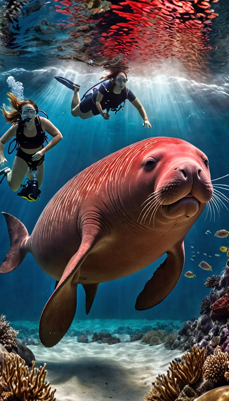 Panorama,Red dugong with human face under water(best quality,4K,8K,High level,masterpiece:1.2),Ultra Detailed,(lifelike,Photo real,Photo real:1.37),Highly detailed animals,Complex patterns,Realistic lighting,Fantasy Creatures