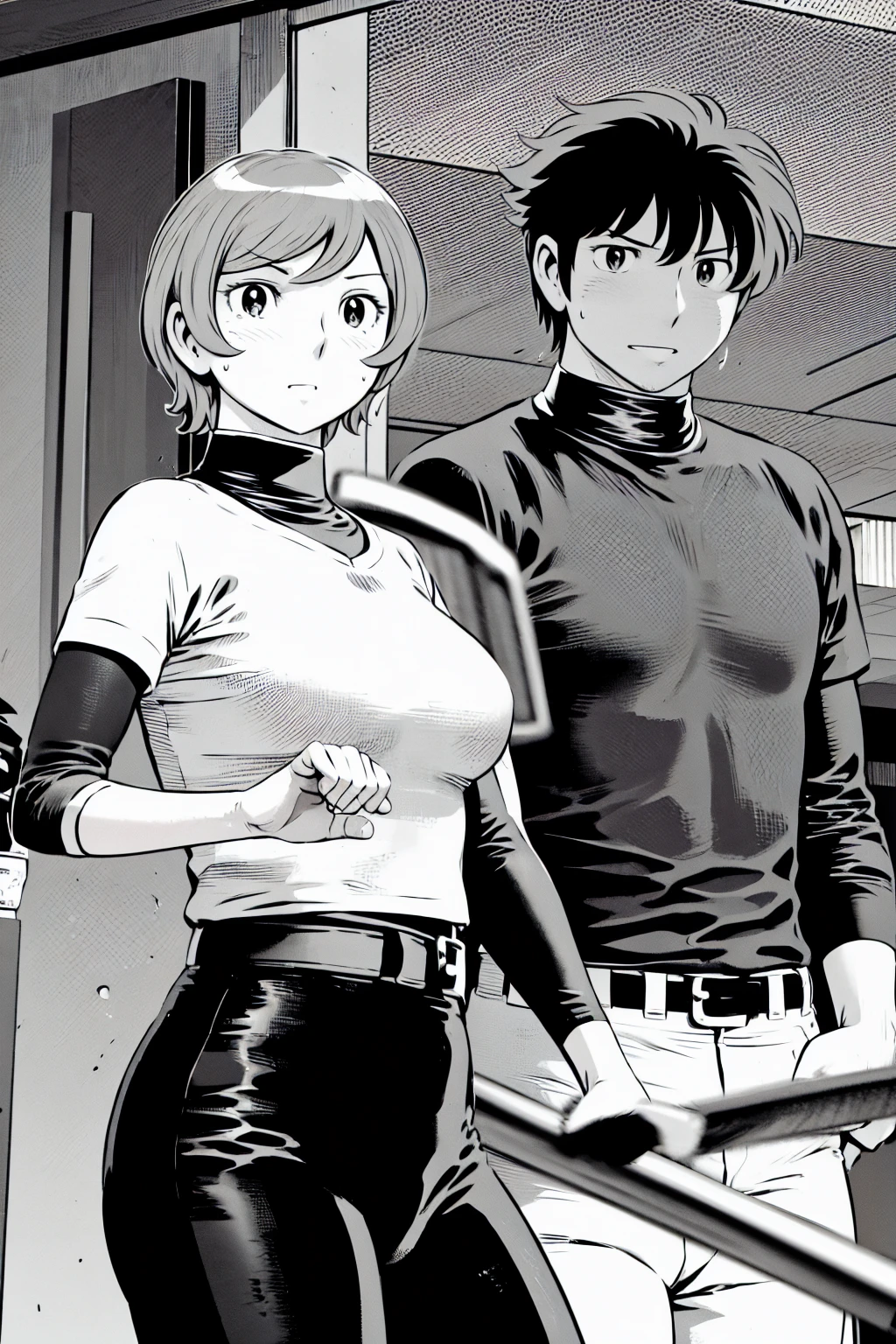 、(masterpiece、Highest quality)、Highest quality, Ultra-high resolution, (((masterpiece))), alone, Sweat、Big eyes,Tight black shirt、Tight white pants、belt、indoor、Composition from the front、(Cut the back hair short、short hair、blonde、woman)、Shortcuts、Embarrassed face、Cut your hair short、可愛いwomanの子、Big Breasts、Inside the room、Full Color、Baseball uniform