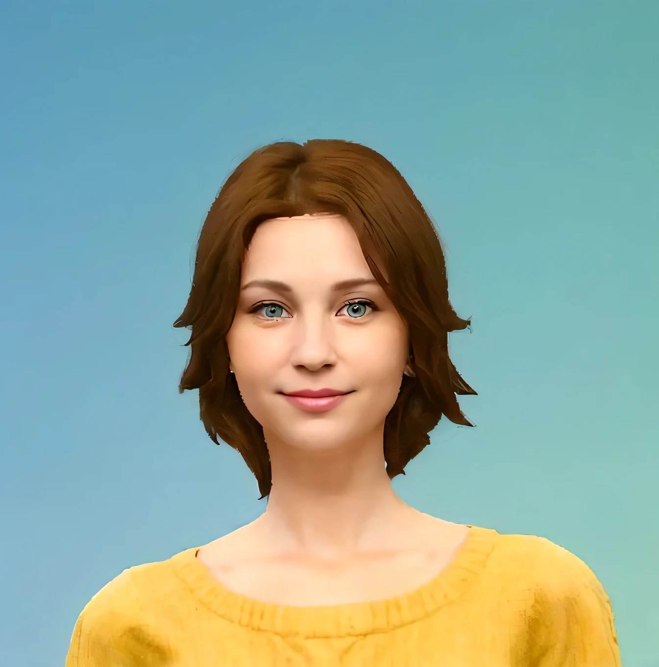 Brunette Caucasian woman, 35 years old, slight figure, wiry strength, small breasts, green-grey eyes, kind expression, gentle smile, realistic