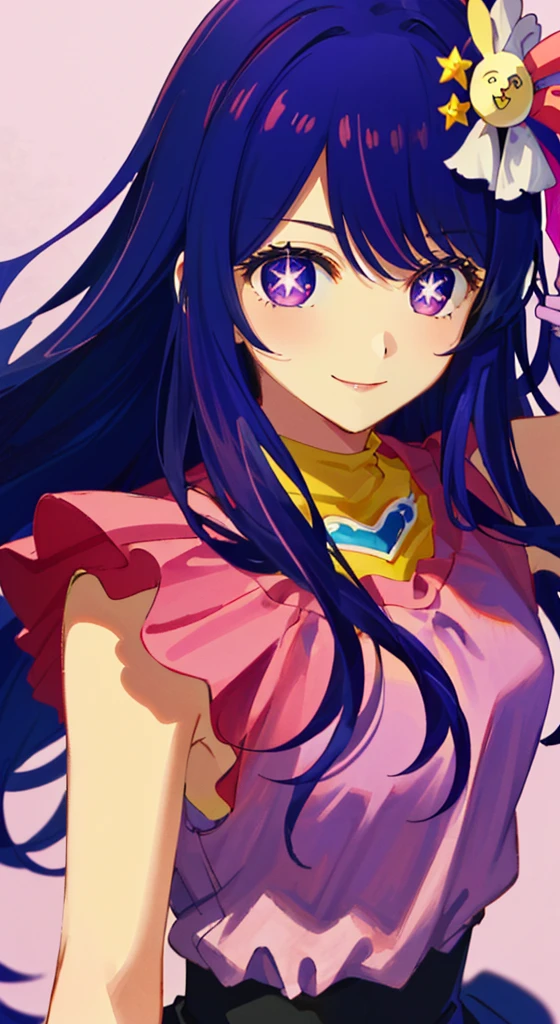 1 girl, (masterpiece), (best quality), (super detail), fine detail, (depth of field), gloves, long hair, star \ (symbol\), camera gaze, (purple hair: 1.2), purple eyes, upper body, hair ornament, :p, pink shirt, smile, sleeveless, shirt, idol, symbol pupil, bangs, one side up, star-shaped pupil, pull dress from above
