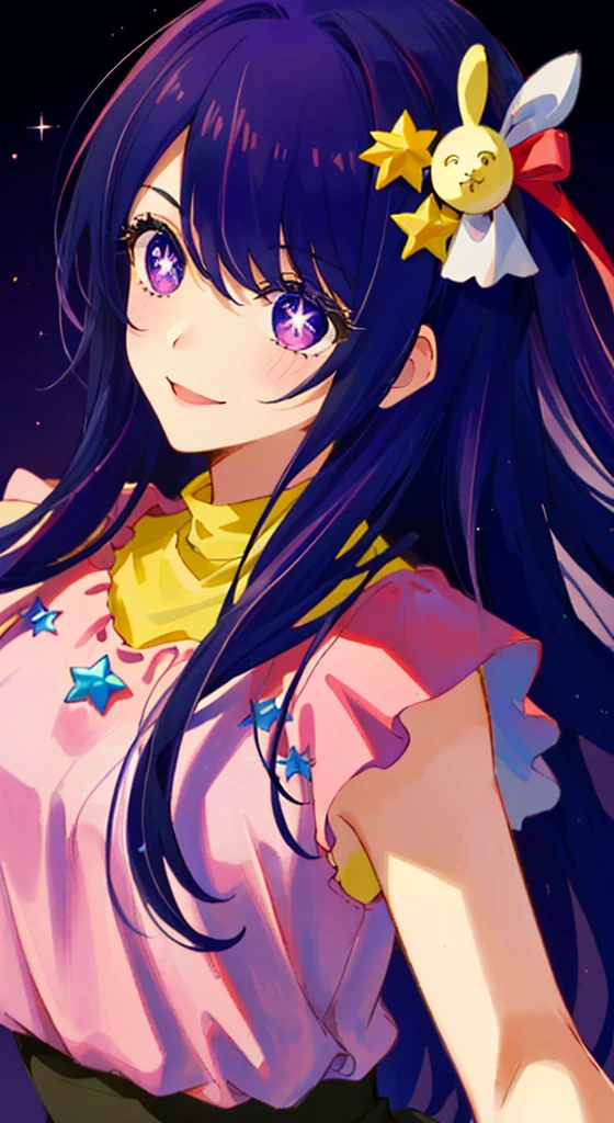 1 girl, (masterpiece), (best quality), (super detail), fine detail, (depth of field), gloves, long hair, star \ (symbol\), camera gaze, (purple hair: 1.2), purple eyes, upper body, hair ornament, :p, pink shirt, smile, sleeveless, shirt, idol, symbol pupil, bangs, one side up, star-shaped pupil, pull dress from above