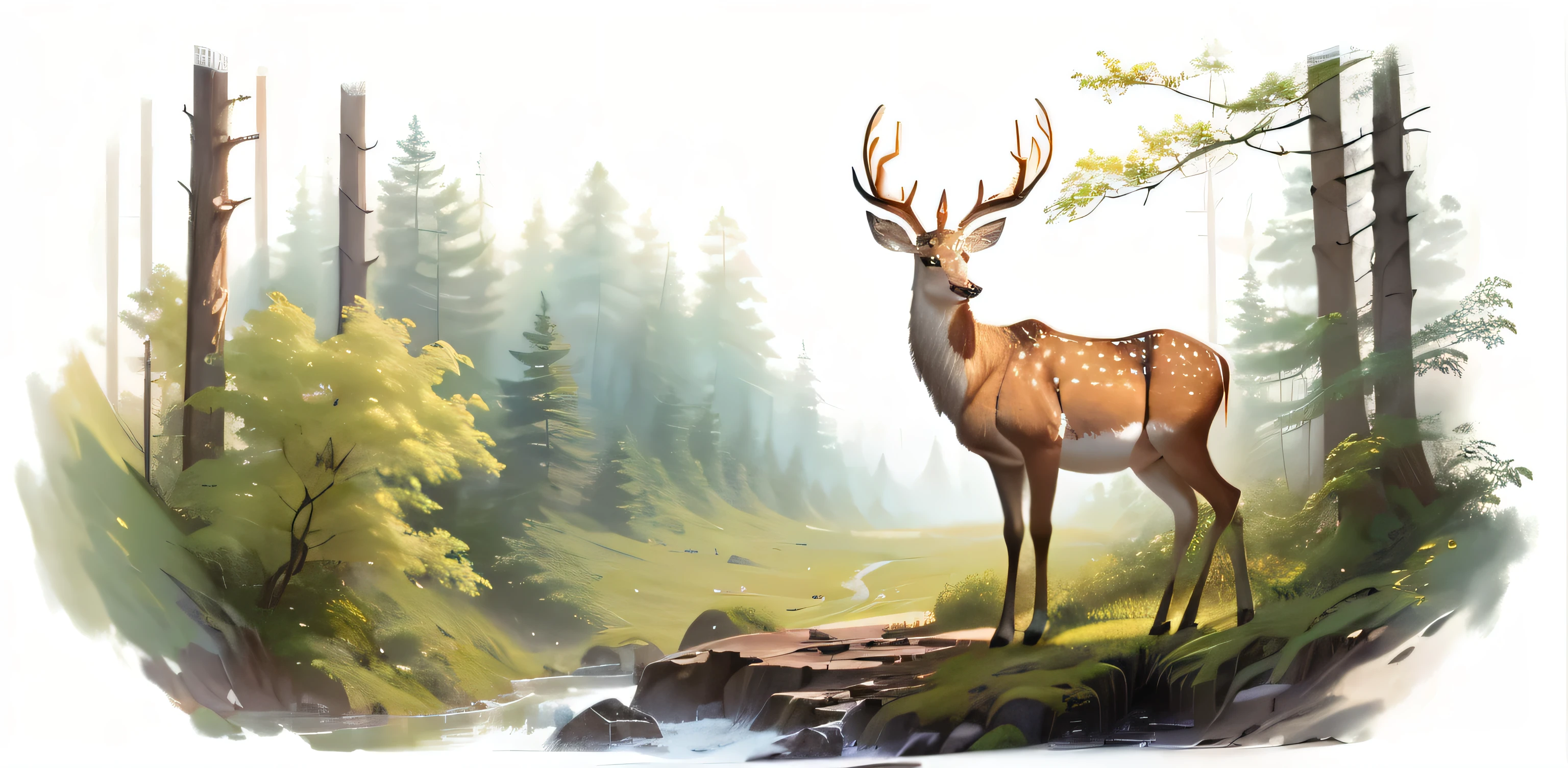 The painting shows a deer standing in a forest among trees and bushes, Wildlife illustrations, Official concept art, Digital painting highly detailed, High quality digital painting, concept art, wildlife paintings, The nature of reality, Official artwork with high detail, Airbrush concept art, Draw in the form of game Concept Art, concept art, Highly detailed digital painting, concept, Background artwork