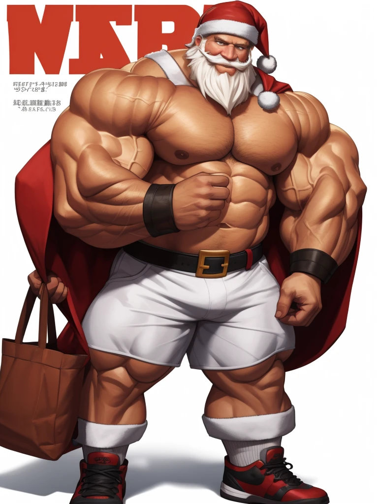 Magazine cover. solo, 1boy, perfect anatomy, ground view, wrinkles skin, low shoot, down view, perfect proportion, thick body, thick thighs, big red bag, sharp eyes, big eyes, smile, santa claus, long bearded, 1m beards, perfect fingers, big hand, fingers. Huge Muscular Old man with short hair, shoes ,(white shorts), view from side, pectoral, thick arms, huge pectoral, wide pectoral, white hair, white beards, simple background, masterpiece, semirealistic:1.2, high detailed, 8k, high resolution, perfect center, full view. ((really big muscle, massive muscular, sixpack, thick arms, wide pectoral, super huge muscle, hyper muscular, over sized muscle, huge arms, big arms, huge pectoral))