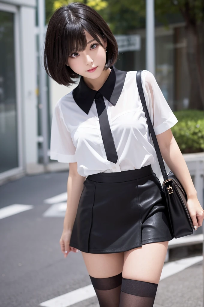 Cute short-haired woman。Hairstyle(Short black hair)clothing(Black mini skirt、Black Pantyhose、White blouse)Race(Japan)image(high resolution)