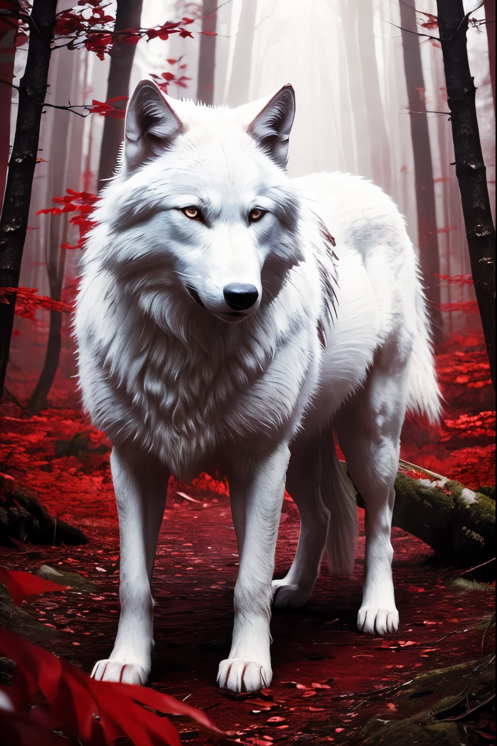 (masterpiece, best quality:1.2), realistic white wolf , in the ancient forest, in a red dream world, red forest, in a red forest, amazing depth, red mood in background, shades of red, photography