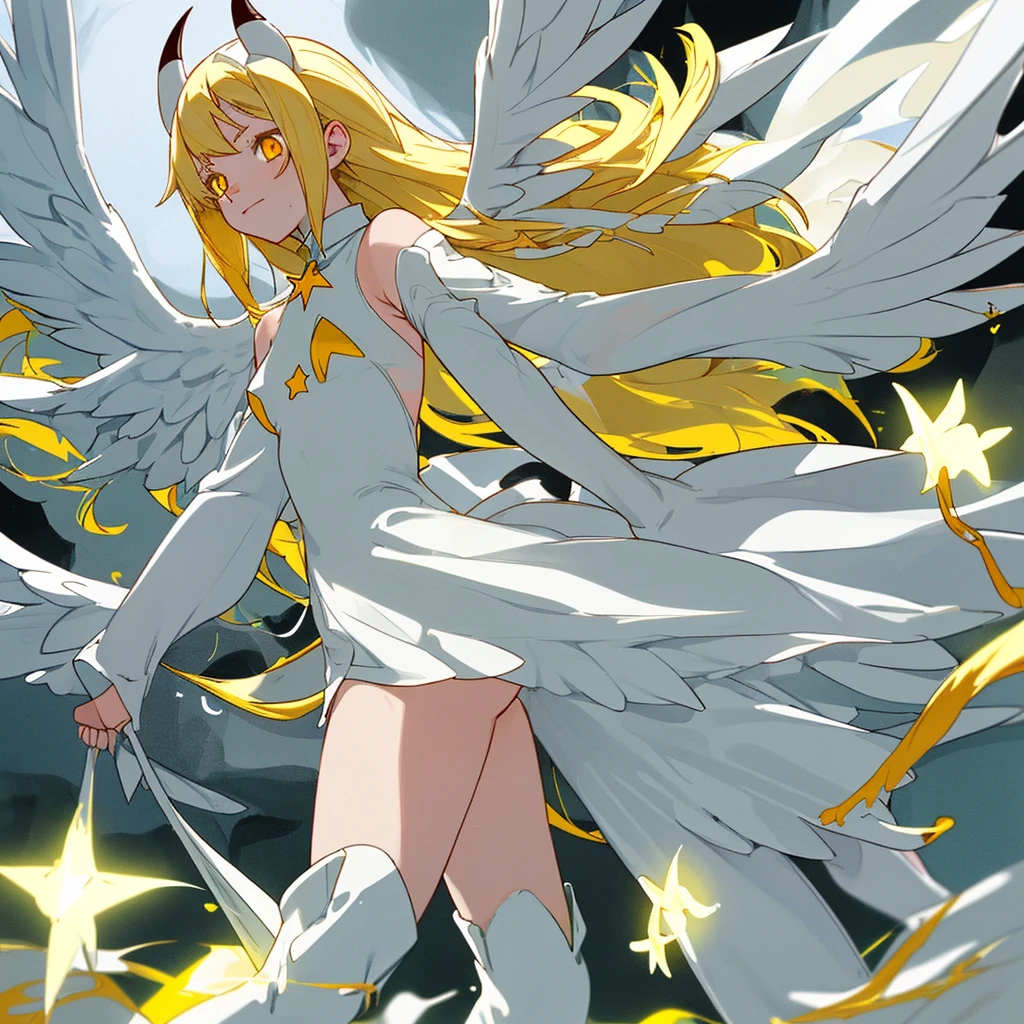 Egg-colored demon girl + Wear a white swimsuit with sleeves + white boots + It has white wings over black on its hips. + long yellow hair + yellow eyes + There is a small yellow star on the left cheek. + has a white tail + white ribbon + He has gray-white horns. + Has a black collar + There is a white shawl that leaves the middle