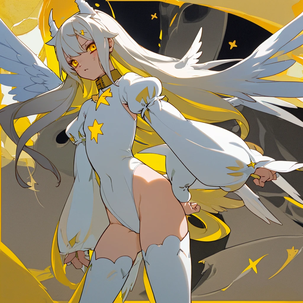 Egg-colored demon girl + Wear a white swimsuit with sleeves + white boots + It has white wings over black on its hips. + long yellow hair + yellow eyes + There is a small yellow star on the left cheek. + has a white tail + white ribbon + He has gray-white horns. + Has a black collar + There is a white shawl that leaves the middle