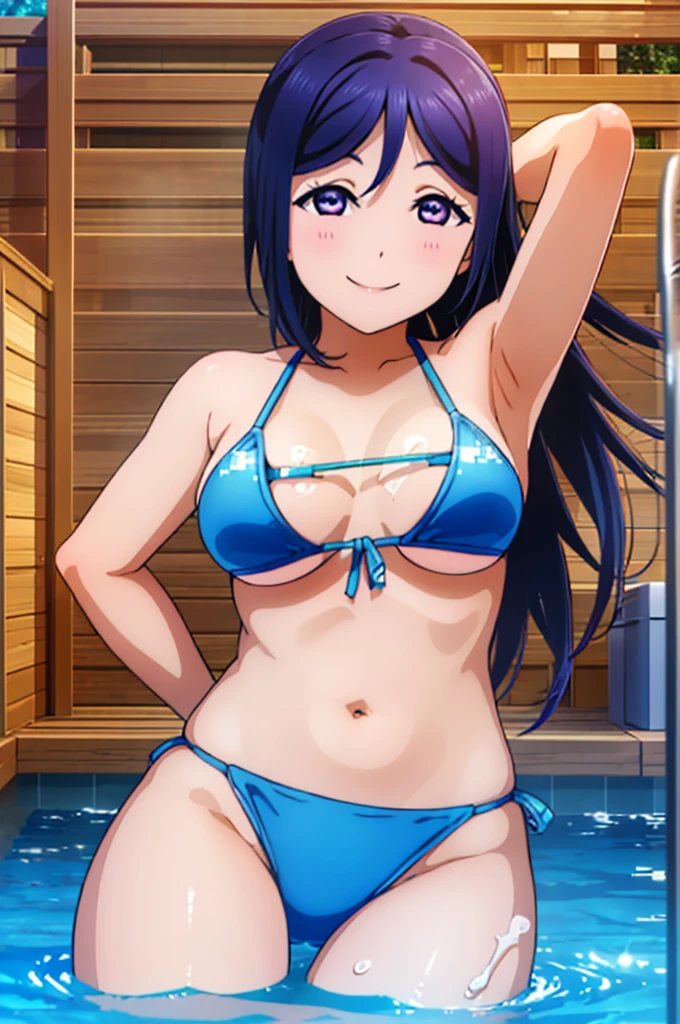 (((pixel-perfect, detail-perfect))), solo, 1girl, kanan matsuura, smile, eyes violet, hair blue, sauna pool, bikini, armpit, medium filesize, ultra High Qality