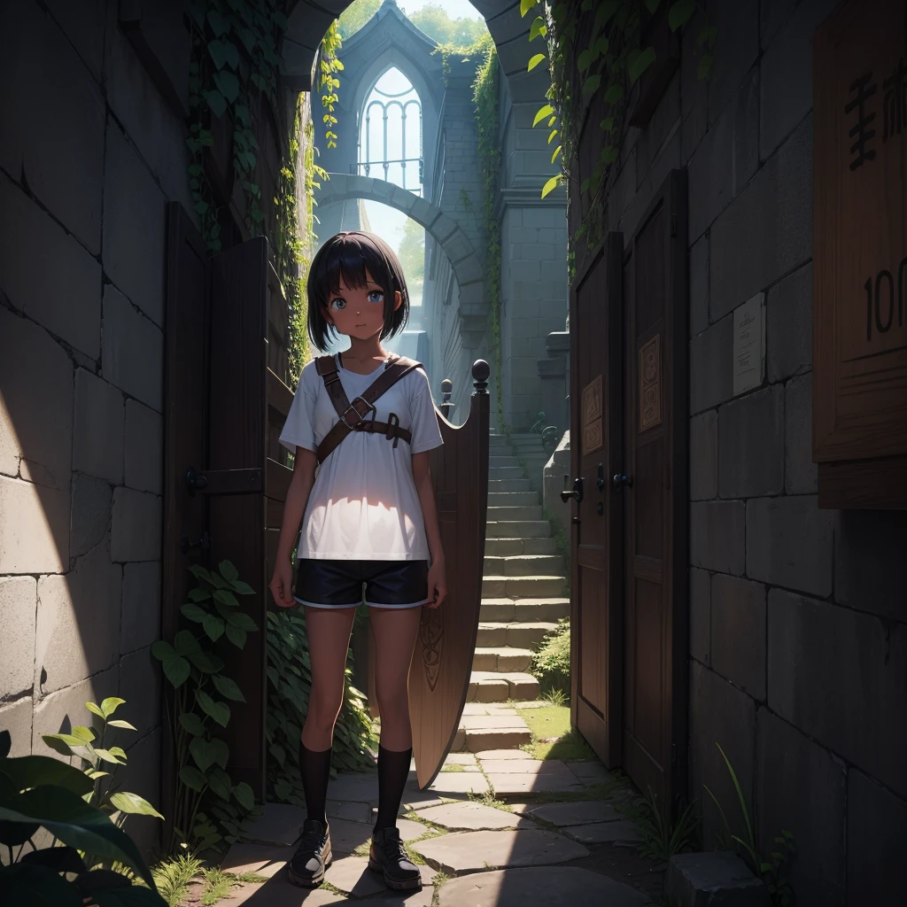 最high quality、high quality、Simple cloth clothing、10Year old girl adventurer、Climb the maze stairs、Shorts、Equipped with a dagger and a shield、In a dark maze