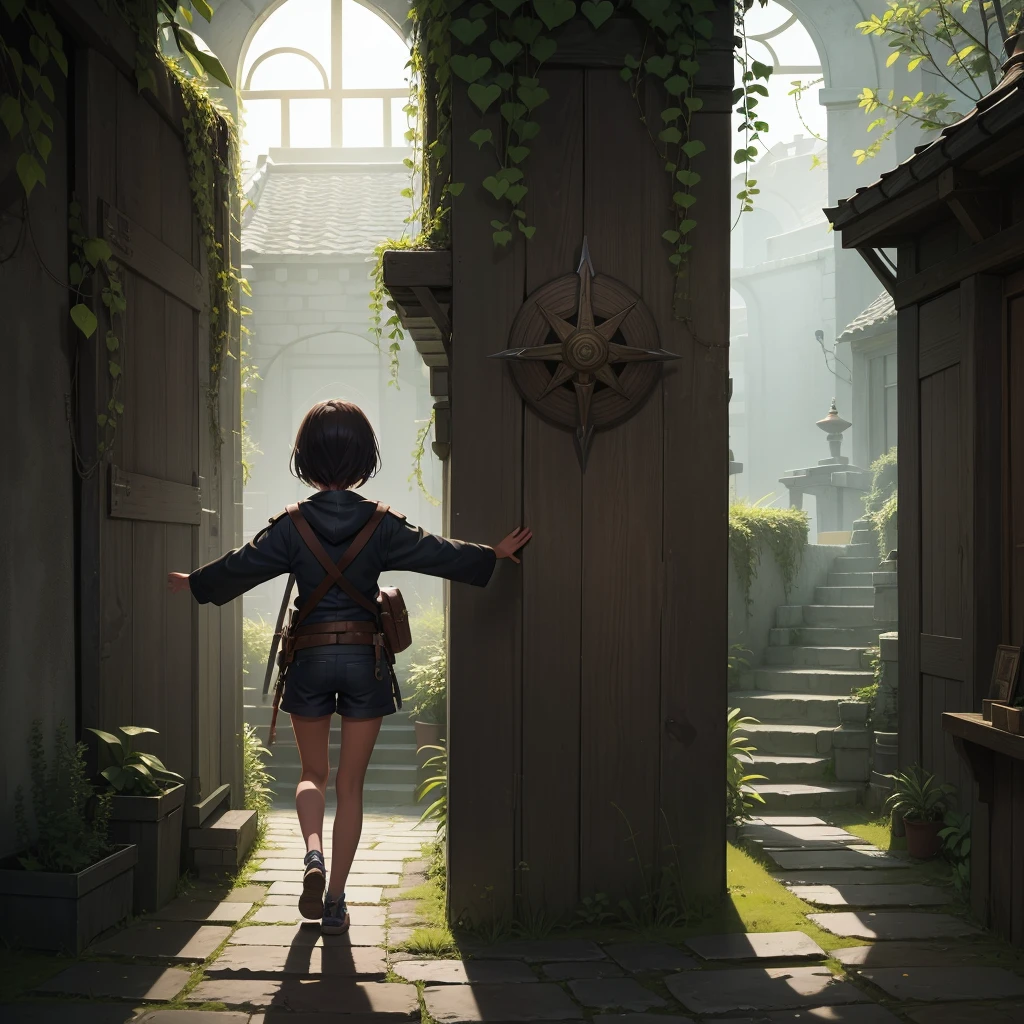 最high quality、high quality、Simple cloth clothing、10Year old girl adventurer、Climb the maze stairs、Shorts、Equipped with a dagger and a shield、In a dark maze