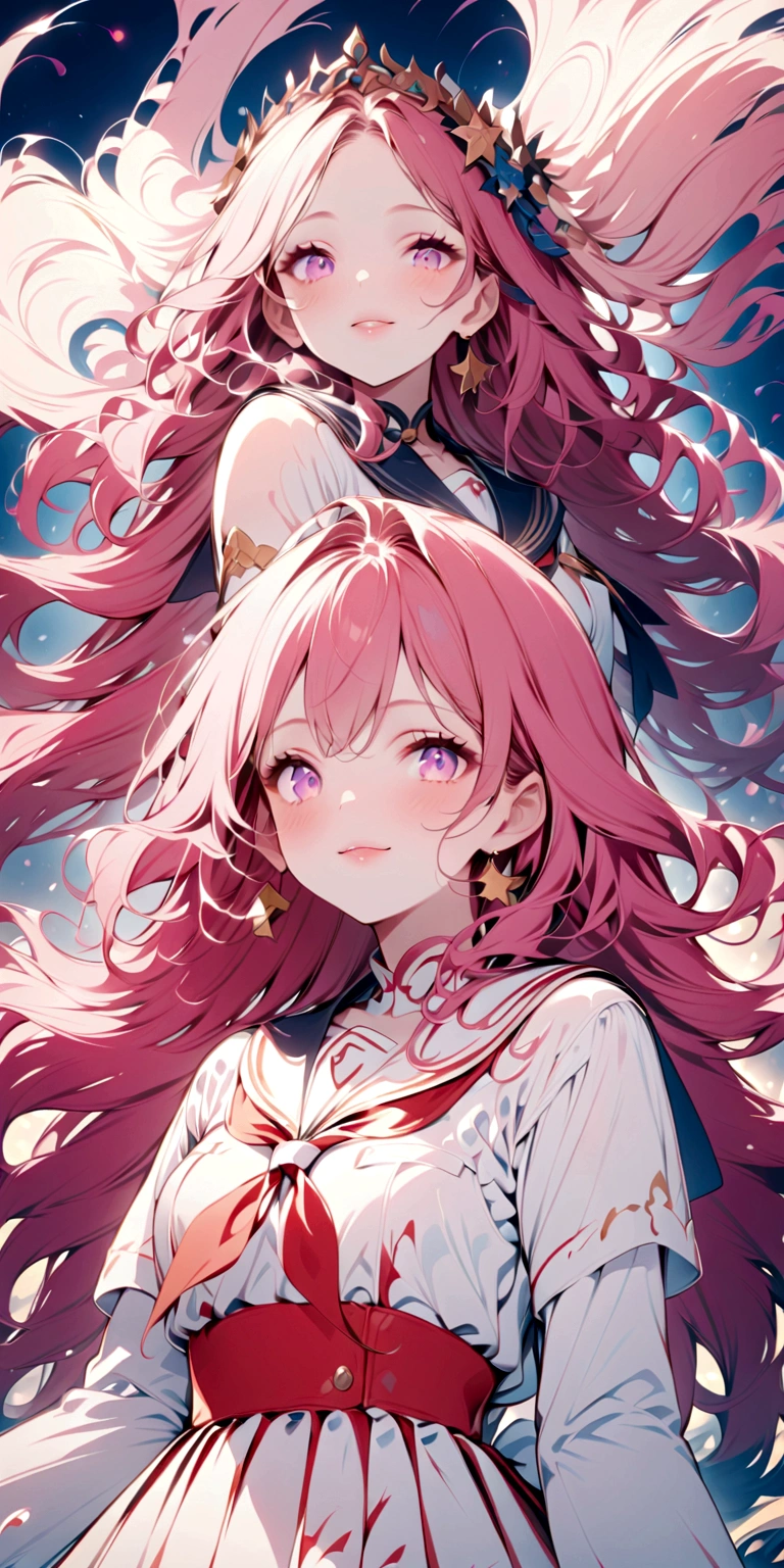 Highest quality,１People Girls, 1 person, cute, Red Hair,Long Hair,Curly Hair, bright pink eyes, Elegant and delicate eyes, Detailed facial features, Long eyelashes, Beautiful lip detail, graceful and detailed poses, Dynamic configuration,Vibrant colors, Soft and dreamy,A cheerful smile,inflammation,Vortex,night, star, Upper Body,Are standing,White uniform,Sailor Warriors,inflammationに包まれている,sword