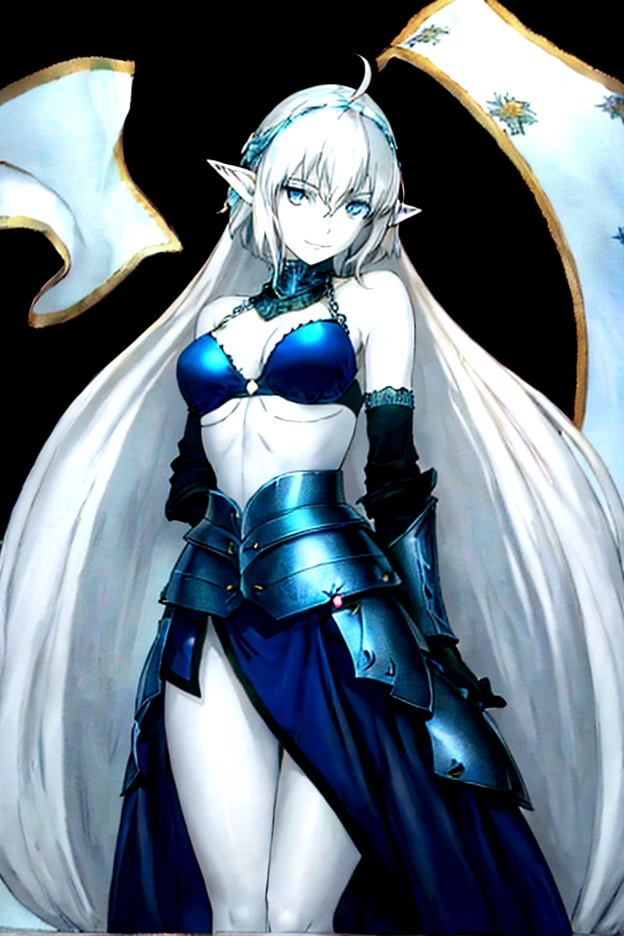 standing mature elf woman, 20 years of age, cleavage, blue bikini armor, blue armored short skirt, jewelry, blue eyes, perfect hand, perfect face, perfect body, small smile, realistic, white hair, porcelain skin, perfect skin, sleeveless, gloveless, bracelet, mystical, cleavage, big breast, looking at viewer, masterpiece, high quality, jewelry, crown,detailed, athletic body, perfect eyes, simple black background.