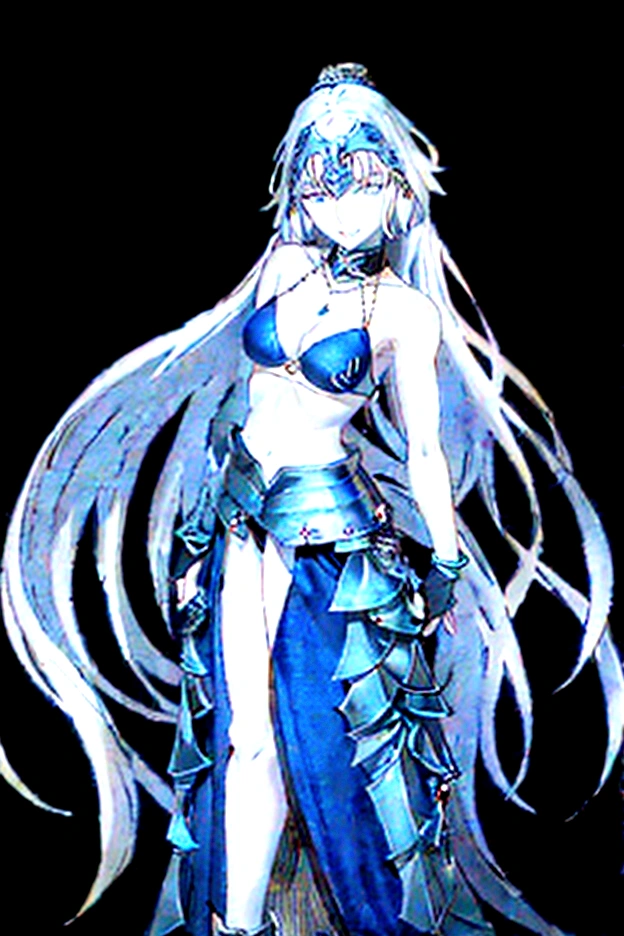 standing mature elf woman, 20 years of age, cleavage, blue bikini armor, blue armored short skirt, jewelry, blue eyes, perfect hand, perfect face, perfect body, small smile, realistic, white hair, porcelain skin, perfect skin, sleeveless, gloveless, bracelet, mystical, cleavage, big breast, looking at viewer, masterpiece, high quality, jewelry, crown,detailed, athletic body, perfect eyes, simple black background.