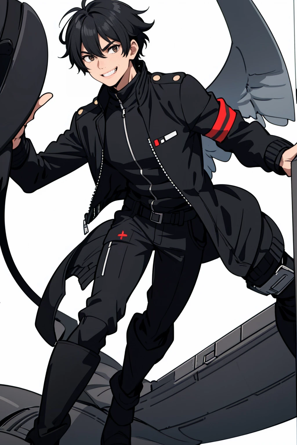 whole body,Standing posture, (Black Hair,Shortcuts,) (male,youth,Fierce face,),(Flight jacket,Symphogia style,) smile,(White background)