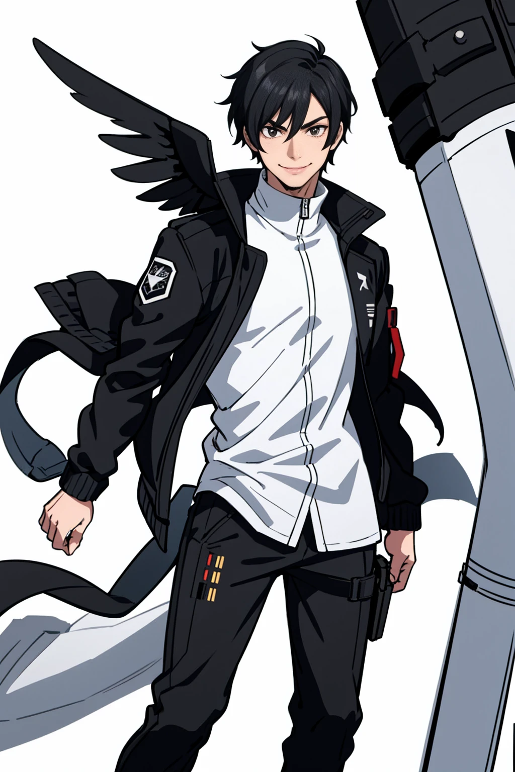 whole body,Standing posture, (Black Hair,Shortcuts,) (male,youth,Fierce face,),(Flight jacket,Symphogia style,) smile,(White background)