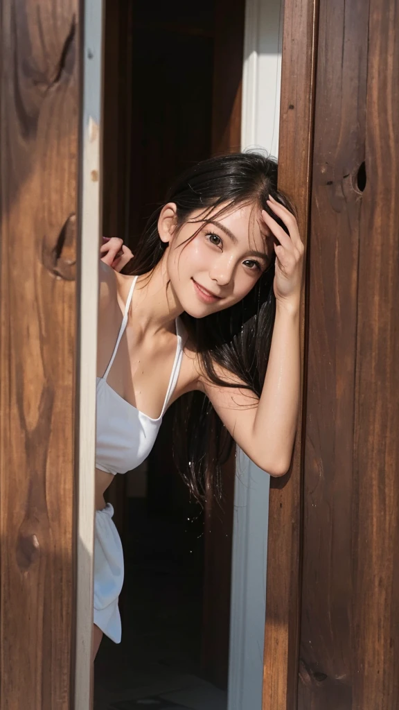 beautiful detailed eyes, beautiful detailed lips, extremely detailed eyes and face, long eyelashes, 1 girl, looking at viewer, shy smile, wrap the towel, soaked, soaked hair, swimsuit, bikini, outdoors, black eyes, small breasts, wet hair, no makeup, bashful, string bikini, brake, full-body horizontal photo, face facing the viewer, looking at the viewer with a shy smile, Canon EOS, clear facial features, 16K, high resolution, sharp and realistic details, super high resolution, highest quality
