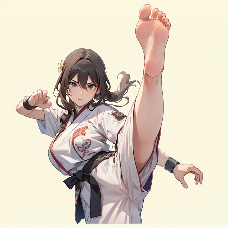 1girl, RuanMei, angry stare, barehands, barefoot, standing on one leg, strong leg high kick, high kick, accurate hands, accurate foot, fighting pose, martial arts, intense battle, barehand fighting contest, facing viewer, perfect ???????, (best quality,8K,high resolution,ultra-detailed,masterpiece)
