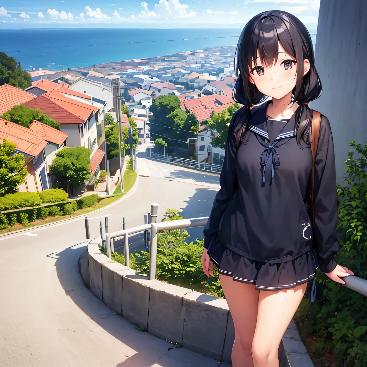 best quality, detailed, masterpiece, 1 girl, standing, gentle smile, 15yo, (low twintails:1.4), low pigtails, black hair, long hair, (navy blue sailor suit with blue ribbon:1.2), long sleeves, (dark brown eyes), (school bag), BREAK, from the front, from few above, POV, alone, (steep downhill), long hill straight road to the back, electric pole, electric cable, hill city, housing, cityscape, sea in the distance, nice view, 15 o'clock, orange sky, animation