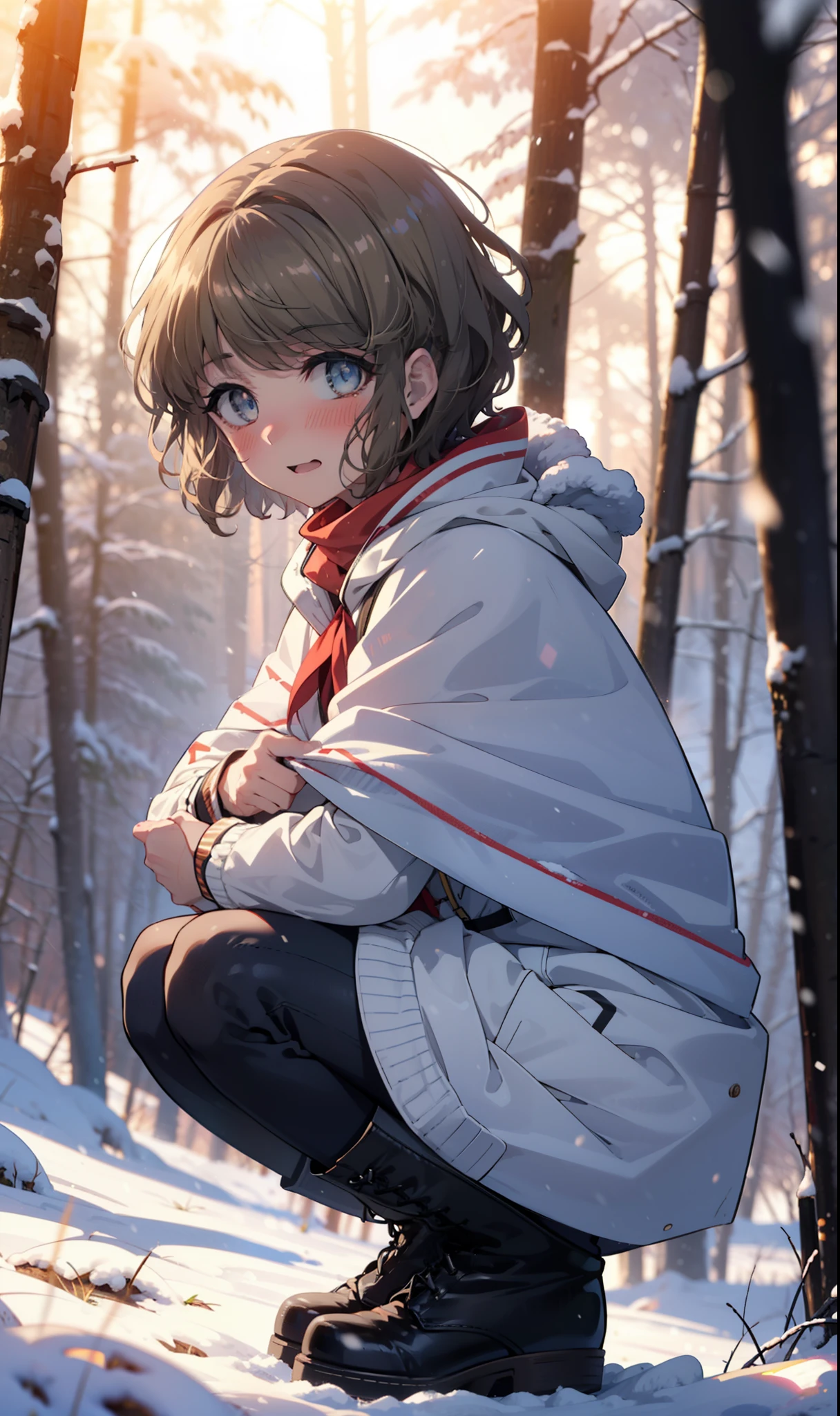 tomoekoga, Chie Koga, short hair, Brown Hair, blue eyes, hair band,smile,blush,White Breath,Medium Chest,
Open your mouth,snow,Ground bonfire, Outdoor, boots, snowing, From the side, wood, suitcase, Cape, Blurred, having meal, forest, White handbag, nature, Squat, Mouth closed, Cape, winter, Written boundary depth, Black shoes, red Cape break looking at viewer, Upper Body, whole body, break Outdoor, forest, nature, break (masterpiece:1.2), Highest quality, High resolution, unity 8k wallpaper, (shape:0.8), (Beautiful and beautiful eyes:1.6), Highly detailed face, Perfect lighting, Highly detailed CG, (Perfect hands, Perfect Anatomy),
