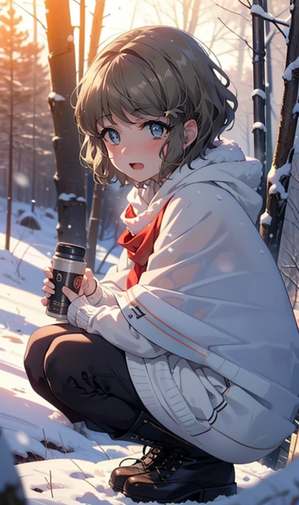 tomoekoga, Chie Koga, short hair, Brown Hair, blue eyes, hair band,smile,blush,White Breath,Medium Chest,
Open your mouth,snow,Ground bonfire, Outdoor, boots, snowing, From the side, wood, suitcase, Cape, Blurred, having meal, forest, White handbag, nature, Squat, Mouth closed, Cape, winter, Written boundary depth, Black shoes, red Cape break looking at viewer, Upper Body, whole body, break Outdoor, forest, nature, break (masterpiece:1.2), Highest quality, High resolution, unity 8k wallpaper, (shape:0.8), (Beautiful and beautiful eyes:1.6), Highly detailed face, Perfect lighting, Highly detailed CG, (Perfect hands, Perfect Anatomy),