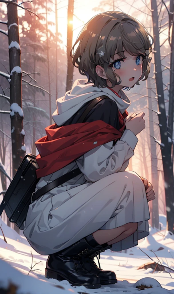 tomoekoga, Chie Koga, short hair, Brown Hair, blue eyes, hair band,smile,blush,White Breath,Medium Chest,
Open your mouth,snow,Ground bonfire, Outdoor, boots, snowing, From the side, wood, suitcase, Cape, Blurred, having meal, forest, White handbag, nature, Squat, Mouth closed, Cape, winter, Written boundary depth, Black shoes, red Cape break looking at viewer, Upper Body, whole body, break Outdoor, forest, nature, break (masterpiece:1.2), Highest quality, High resolution, unity 8k wallpaper, (shape:0.8), (Beautiful and beautiful eyes:1.6), Highly detailed face, Perfect lighting, Highly detailed CG, (Perfect hands, Perfect Anatomy),