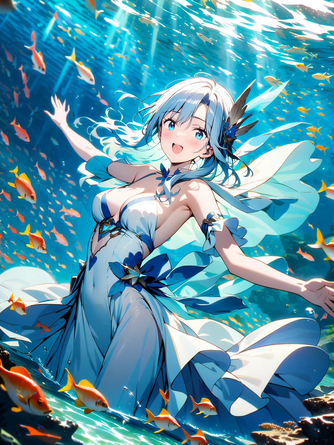 (超detailedなイラスト:1.2),Very delicate and beautiful,非常にdetailed,CG,Unity,8k wallpaper,wonderful,detailed,masterpiece,The best quality in the best condition,Official Art,非常にdetailed CG 8k Unbelievably ridiculous resolution,Beautiful and exquisite,High resolution,非常にdetailedな目と顔,Surrounded by fish,(swim under the sea),Dressed in a white dress, Blue Water, Goddess of the Sea