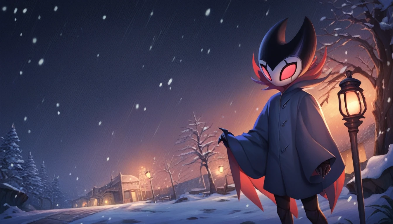 score_9, score_8_up, score_7_up, score_6_up, zPDXL2, grimm \(hollow knight\), vampire, bat, 1boy, solo, cute face, detailed eyes, anthro, clothed, landscape, highlight thighs, It's snowing outside, it's night, a lamp is on nearby, outdoor, winter coat, smiling, in a train station, profile picture 