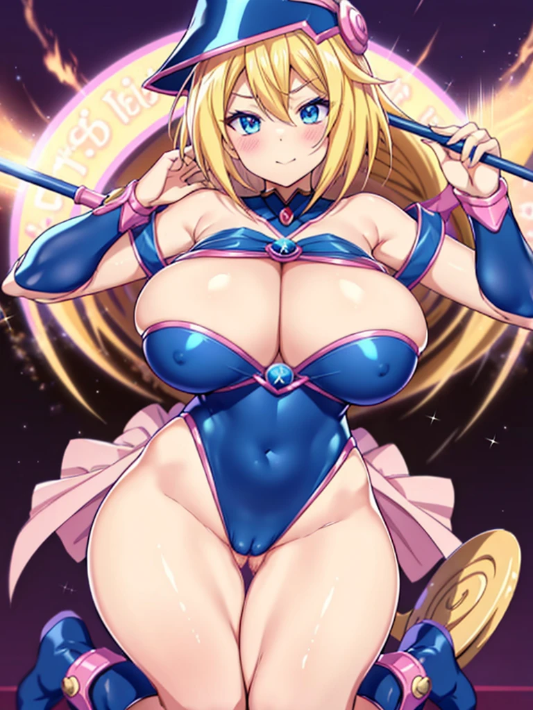 Black Magician Girl、super breasts、thick thighs、blonde hair、magic circle、8K, 4k, highest quality, High resolution: 1.2),winking、One breast exposed、cute anime face、Pink blush on cheeks、noise removal、Leotard that bites into、have a cane、Hold your cane、Rear view、Turning around、full body portrait, vaginal sex, huge penis in pussy, 1 man